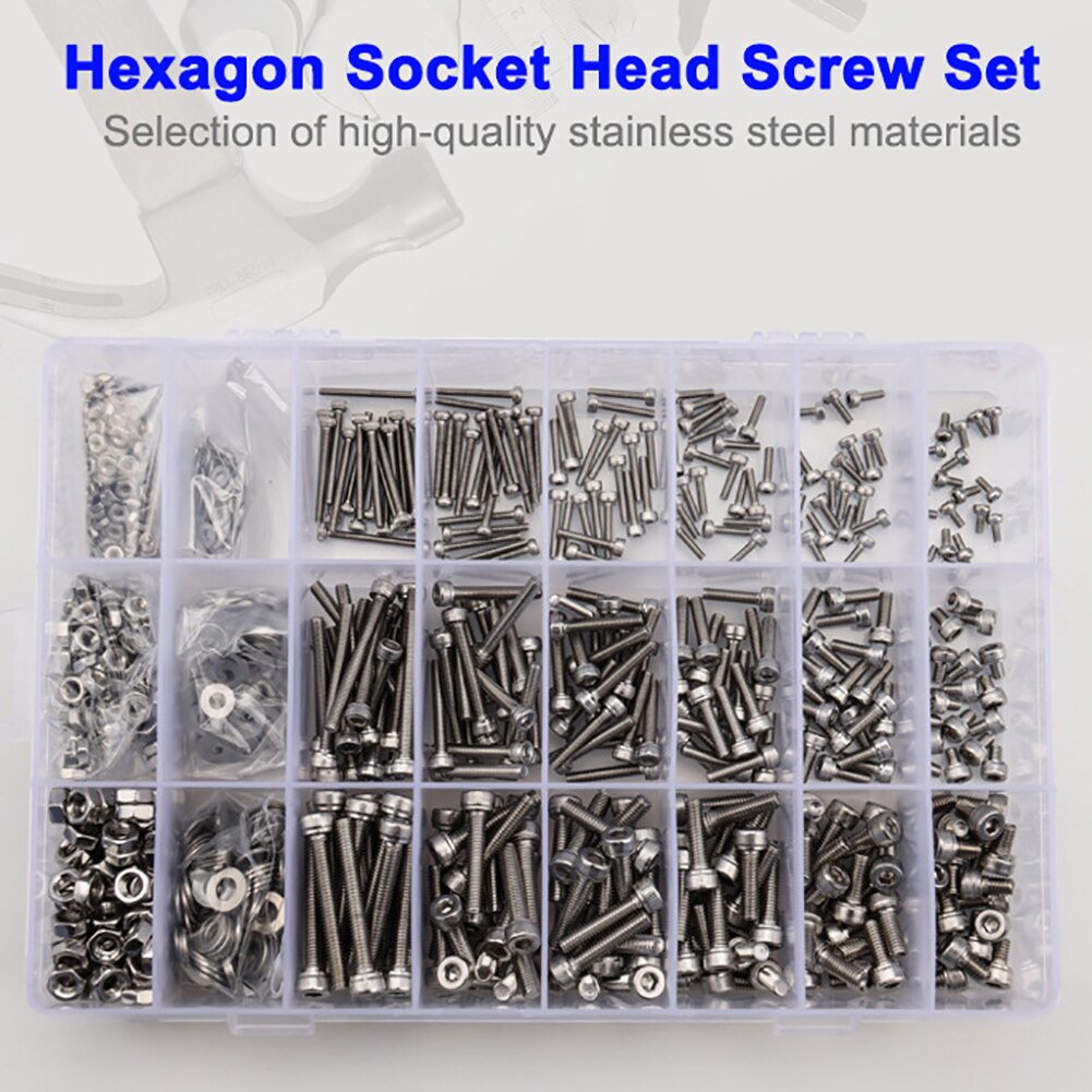 1080pcs M2 M3 M4 Hex Socket Head Cap Screw Nuts and Bolts Assortment Kit Set 304 Stainless Steel with Storage Box