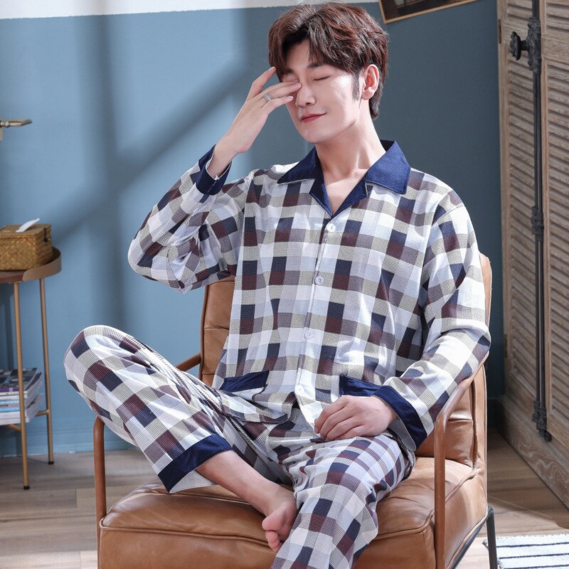 Herren Schlafanzug einstellen Nachtwäsche Baumwolle Männer Pyjama einstellen Frühling Herbst Pijama hombre Herren Nachtwäsche Gestreiften Schlaf Tragen Pyjama Plus Größe