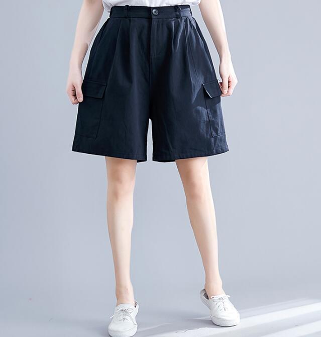 Sommer kæreste cargo shorts kvinder løs elastik talje plus size korte bukser vintage bomuld lange shorts brede ben korte femme: Sort / Xl