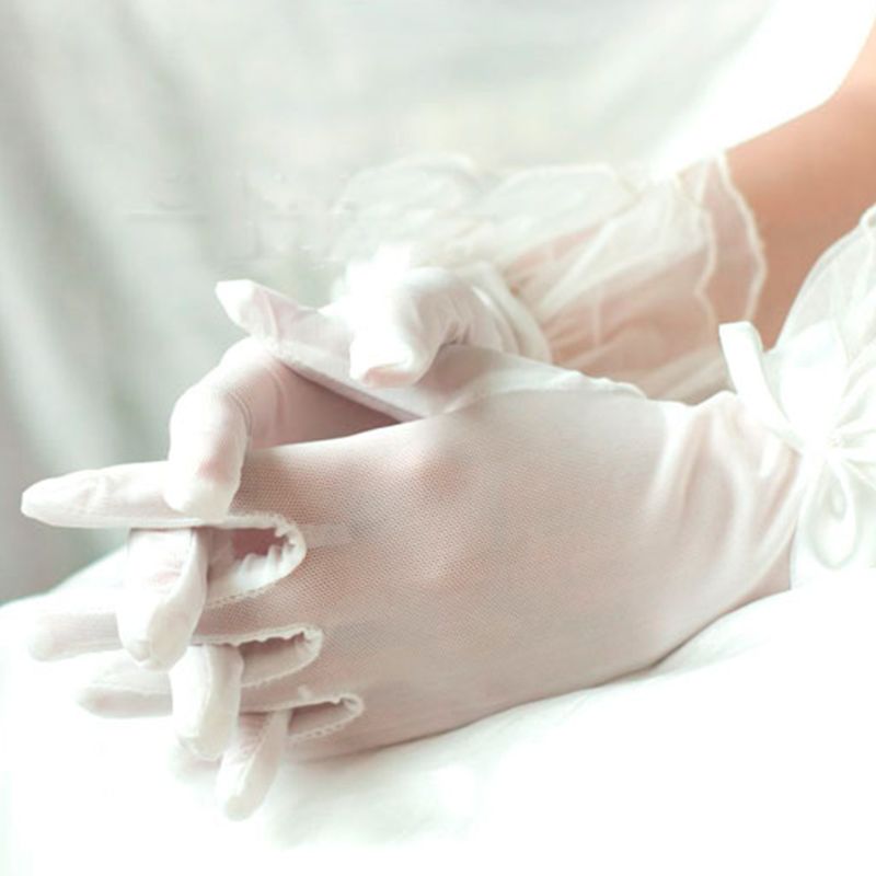 Guantes cortos finos de malla transparente para boda, lazo de satén y volantes ondulados