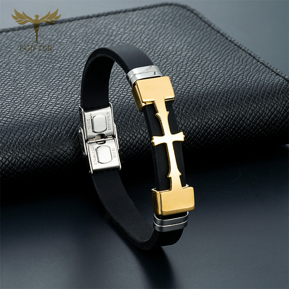 Guldfarvet rustfrit stål kors symbol tilbehør armbånd flere farver gummi armbånd kristen religion smykker
