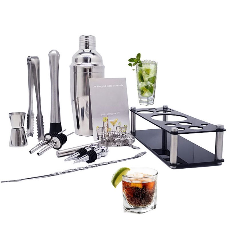 Stainless Steel Cocktail Shaker Muddler Strainer Tong Spoon Pourer Jigger Cork 550/750ml With Wine Rack Cocktail Recipe