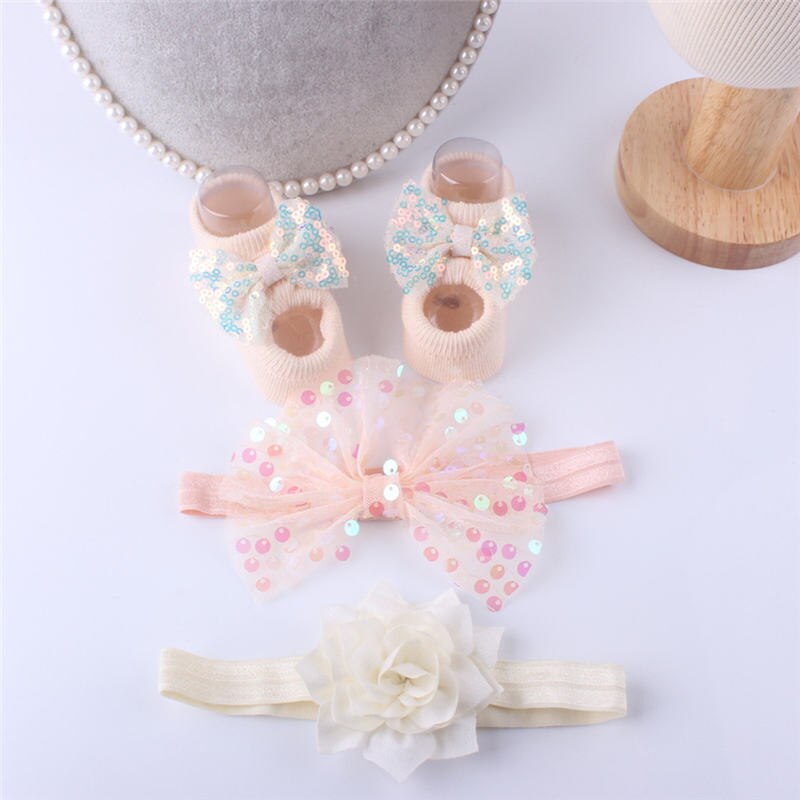 Prinzessinnen-socken- und haarband-einstellen für babys und kleinkinder, atmungsaktive spitze, pailletten, schleife, haarband mit blumenmuster, 3 -teilig