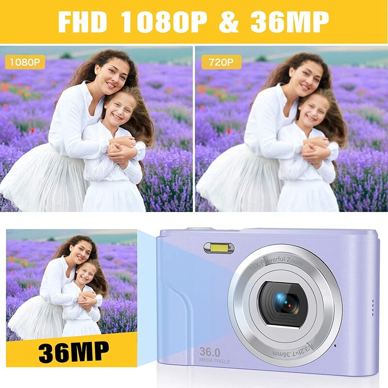 1080P 36.0 Mega Pixels Digital Camera with 16X Digital Zoom, LCD Screen, Portable Mini Cameras for Students Teens