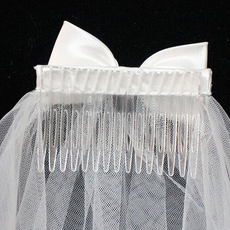 Women 1 Tier Short Tulle Wedding Veil Faux Pearl Beaded Bowknot Bridal Headdress E15E