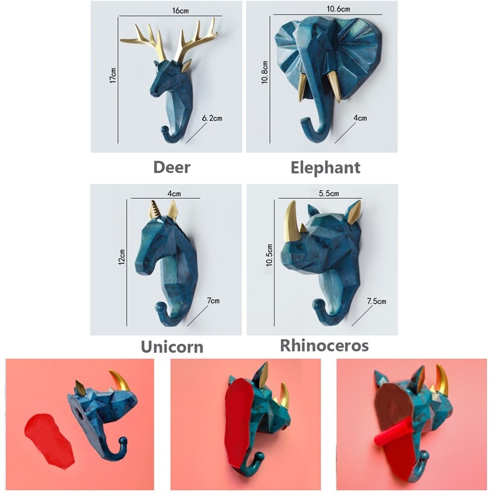 1pc Hirsch Elefant Einhorn Nashorn Kopf Ebene Harz Haken Kleidung Anzeige Gestelle Haken KleiderbüGel Kappe Zimmer Dekor Zeigen Zauberstab Tasche