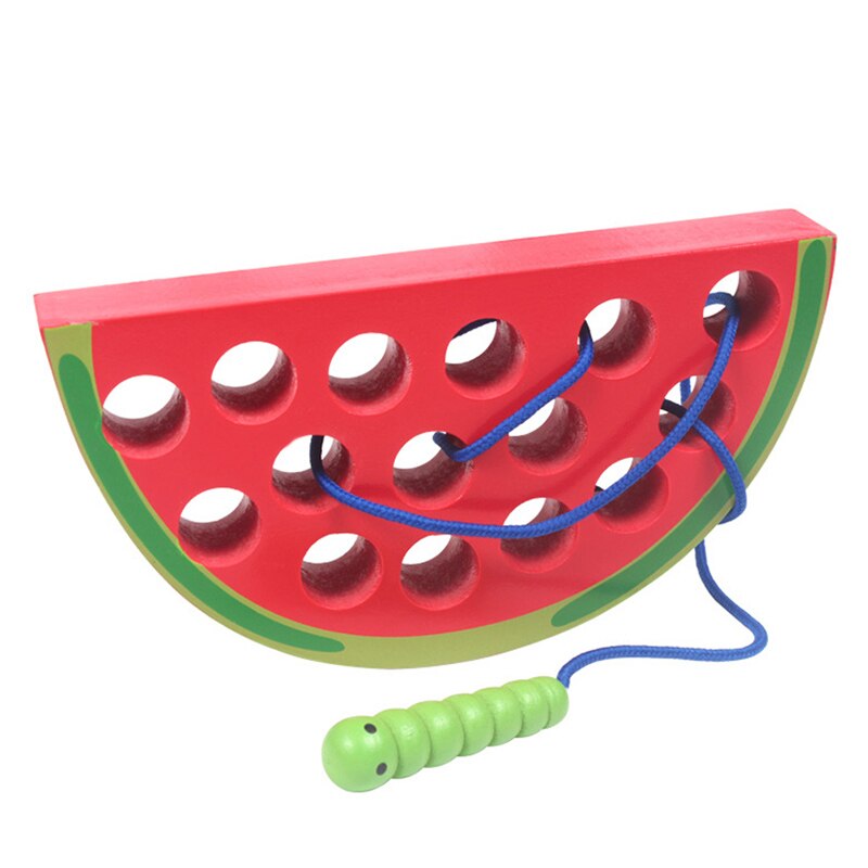 Baby educational wooden toys threading game insects wear ropes and insects eat fruits apple early education baby growth: Watermelon Big