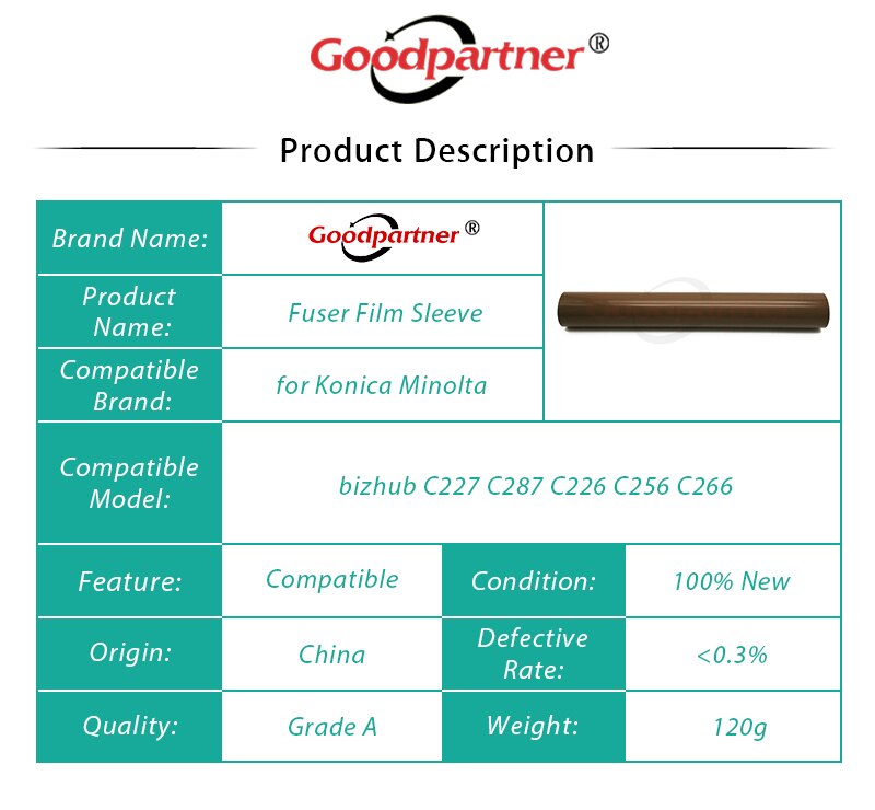 1X manchon de Film de fusion pour Konica Minolta, bizhub, C227, C287, C226, C256, C266