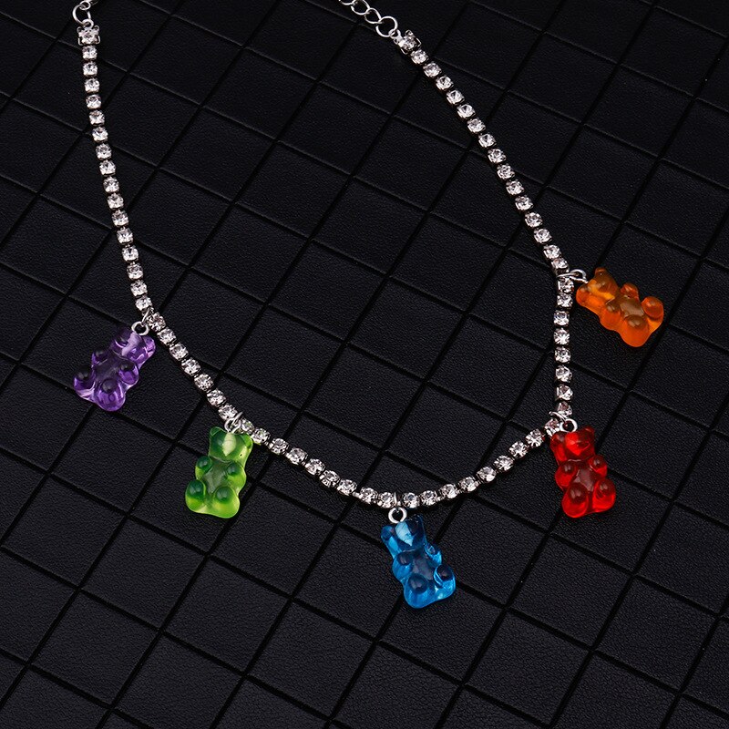 Diamanten Bezaaid Ketting Candy Kleur Mini Beer Ketting Vrouwen Leuke Cartoon Animal Hanger Sieraden