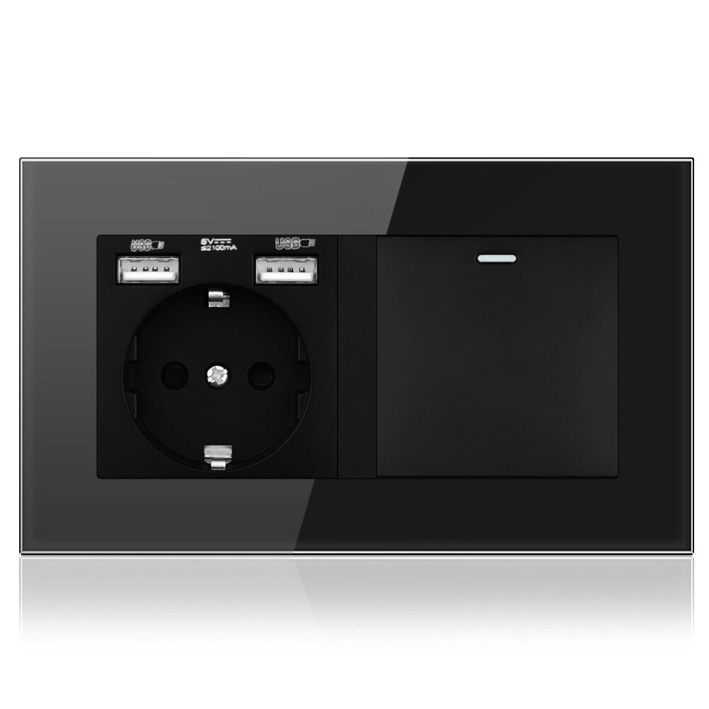 Wall Socket Rocker Push Button Light Switch EU Plug Sockets Electric Outlets 220V 16A Dual USB Charge 146*86 Crystal Glass Panel