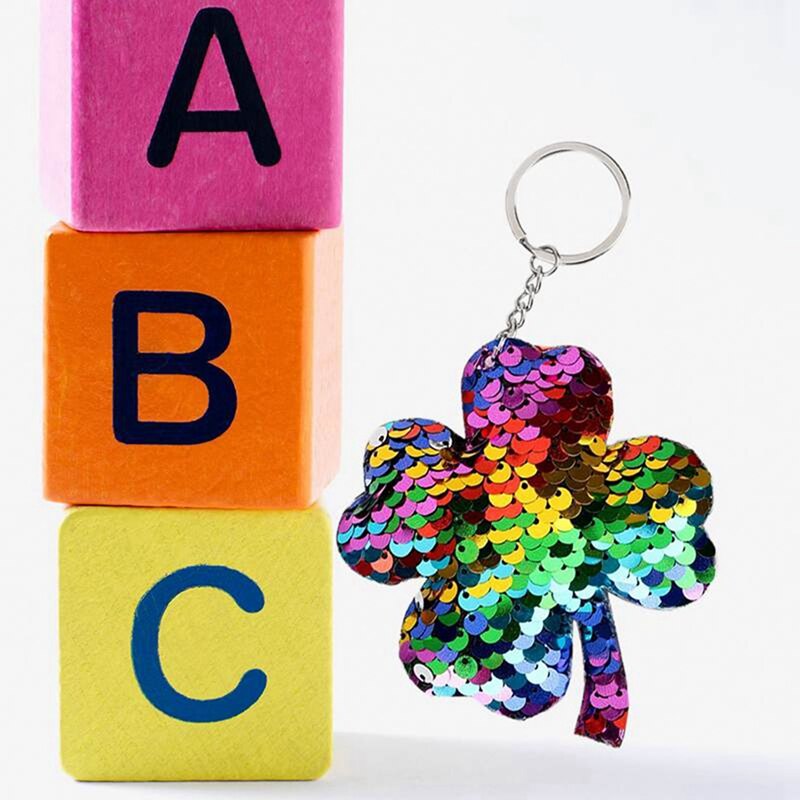 2 Pcs Klavertje Vier Sleutelhanger Sleutelhanger Glitter Pompom Pailletten Sleutelhanger -Blauw & Kleurrijke