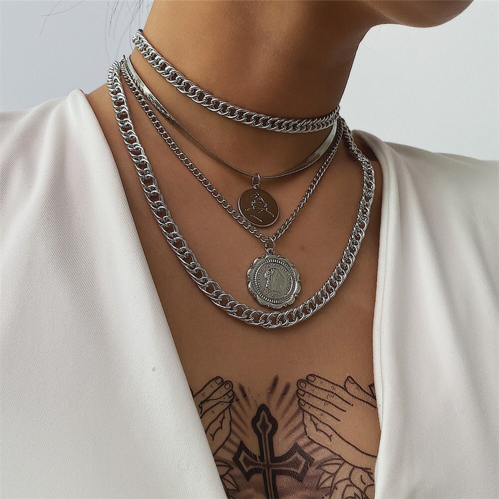 Lote de 2 unidades de COLLAR COLGANTE con retrato Vintage para mujer, gargantilla de cadena gruesa cubana multicapa, collar llamativo joyería para ,