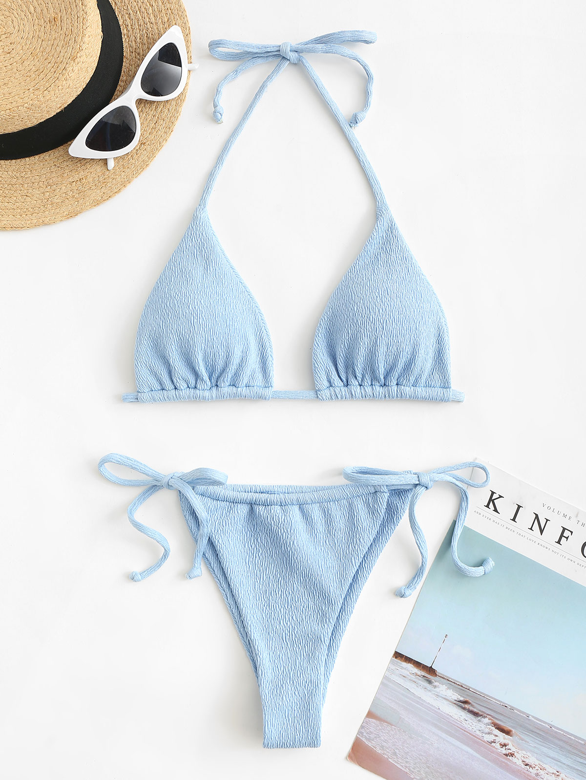 Zaful Halter Crinkle Lendendoek Bikini Badmode Gordijn String Bikini Set Driehoek Tanga Tie Side Tweedelige Pakken 2022: L