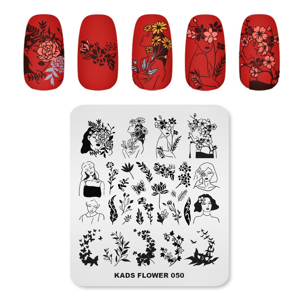 KADS Stamping Plate Flower 050 Nail Art Stamping Plates Butterflies Girls Wildflowers Template Stencil for Nail Polish