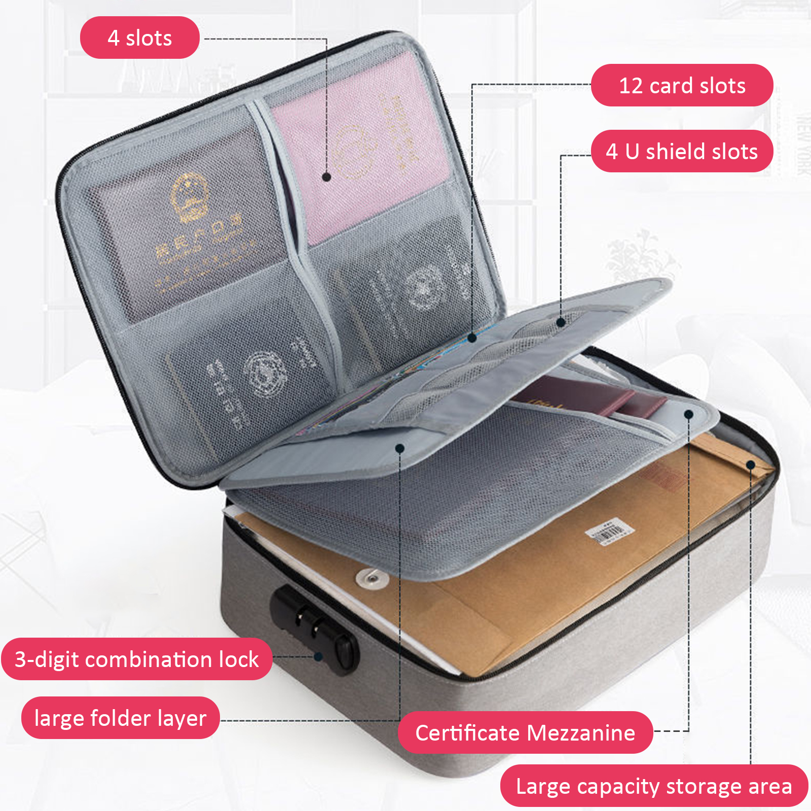 Large Capacity Multi-Layer Document Storage Bag Certificate File Organizer Case A4 Folder Passport Card Briefcase Password Lock