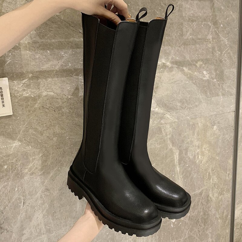 Rimocy Pu Leather Platform Knie Hoge Laarzen Vrouwen Zwart Chunky Lange Chelsea Laarzen Vrouw Slip Op Herfst Bota Feminina