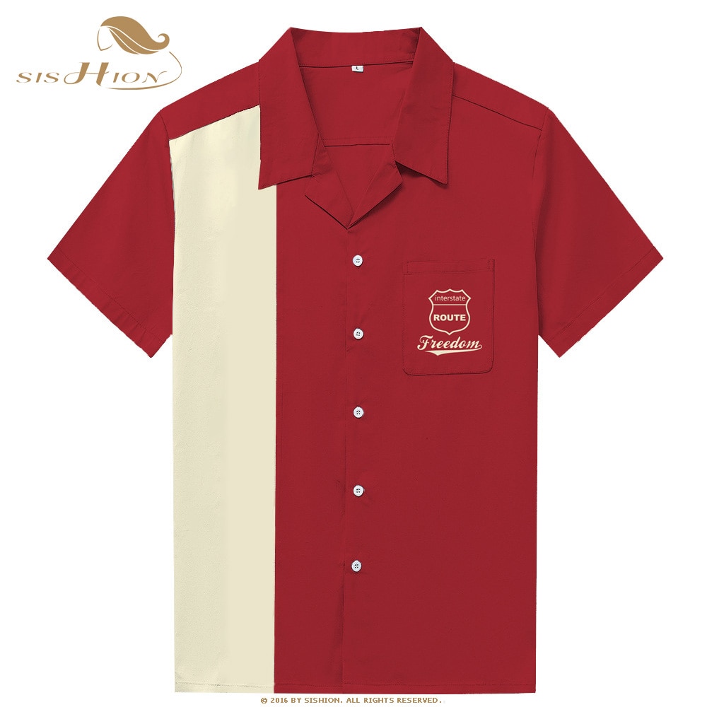 Sishion rock vintage mænds skjorte kortærmet  st126 bomuld l -3xl retro bowling camiseta hombre plus størrelse rød skjorte mænd
