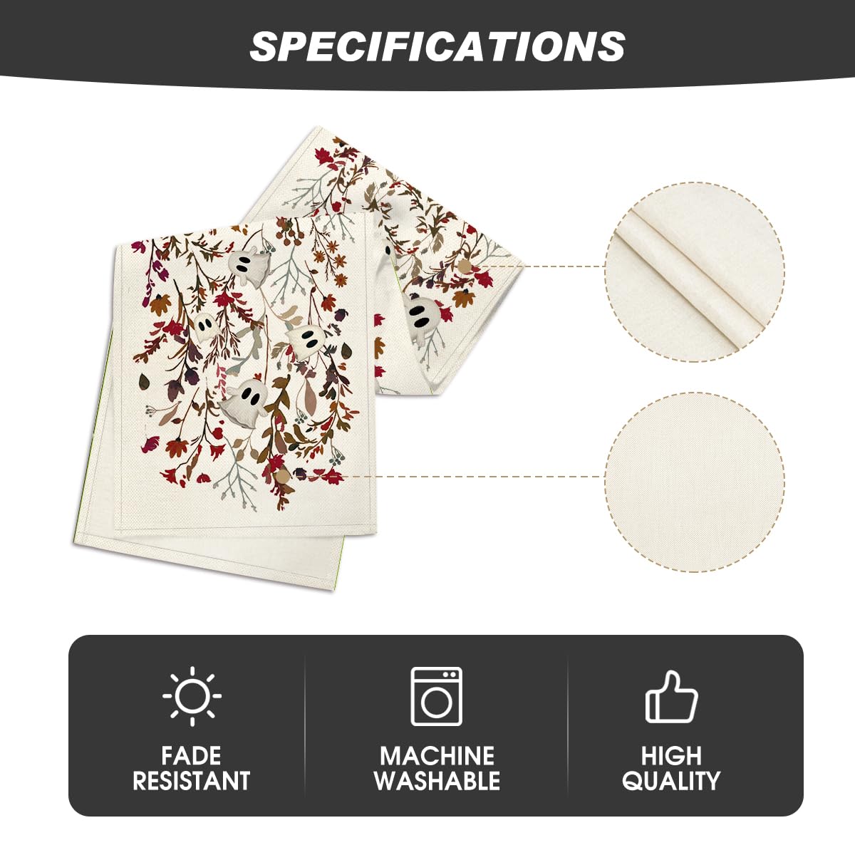 Spökblommor löv halloween bordslöpare, säsongsbetonad höst kök matbordsdekoration för hemfestdekor