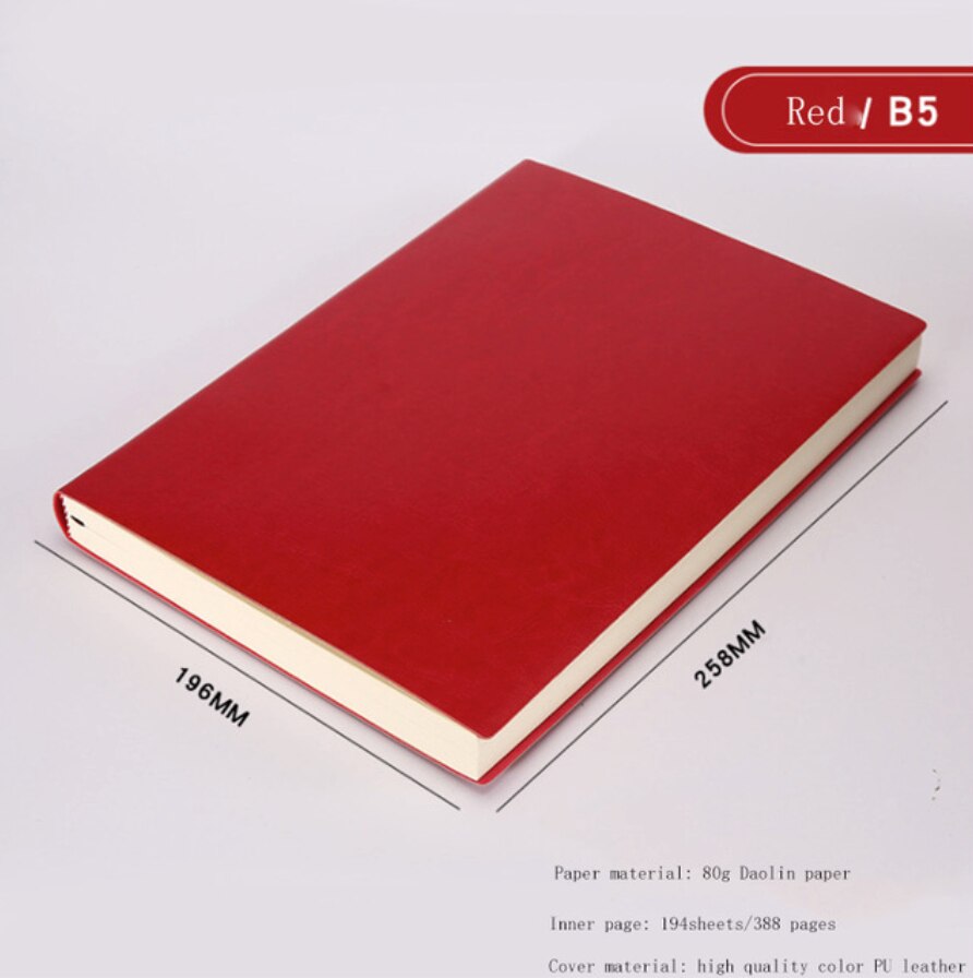 A5 A6 B5 Business increase thick Notebook Office meeting minutes Notepad leather soft copy line pages Diary Stationery: B5 Red