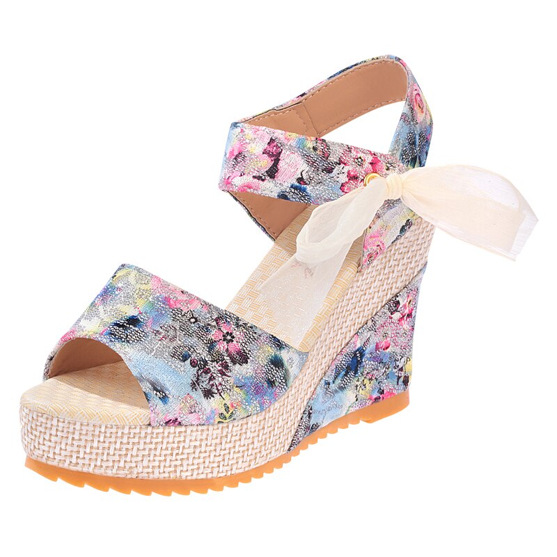 Zomer Strand Boho Bloemen Wedge Sandalen Vrouwen Enkelbandje Platform Gladiator Schoenen Vrouw Hoge Hakken Sandalias Mujer: Sky blue-2 / 39