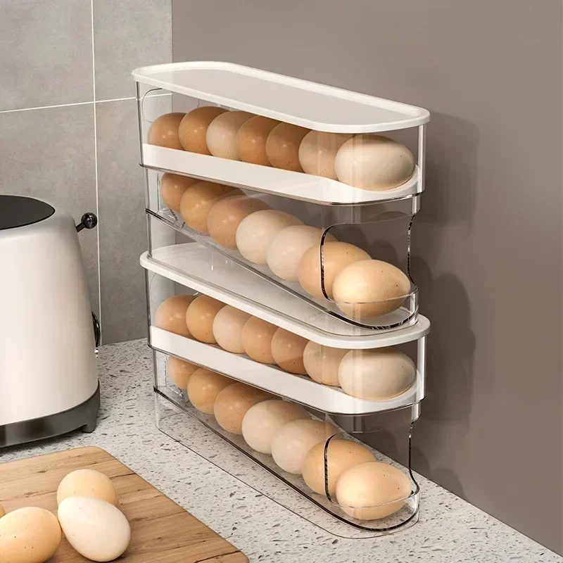 Caja de almacenamiento de huevos para refrigerador, soporte de huevos de desplazamiento automático, estante de almacenamiento de huevos enrollable dedicado para cocina de gran capacidad para el hogar