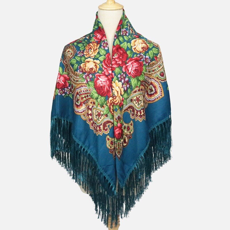 Suda – châle de Style russe, grande taille, en coton, grande écharpe carrée, romantique, National: peacock blue / 135135