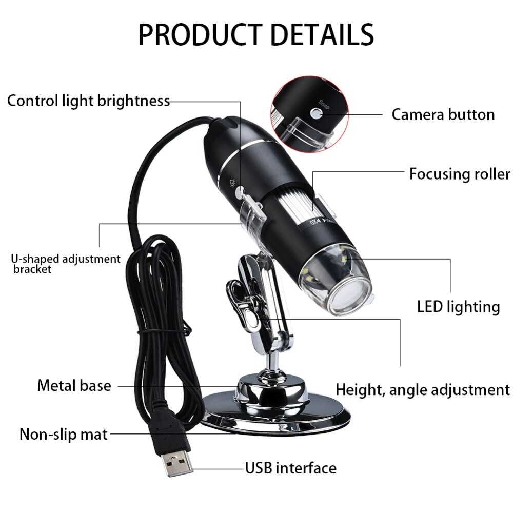 Adjustable 1600X LED Digital Microscope Camera Type-C/Micro USB Zoom Magnifier Endoscope Electronic USB Microscope