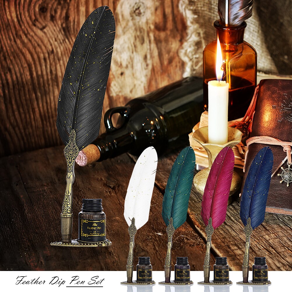 Vintage Calligraphy Feather Dip Pen Pen Handle 2/5 Nib Writing Ink Set Quill Fountain Pen Writing Set Birthday