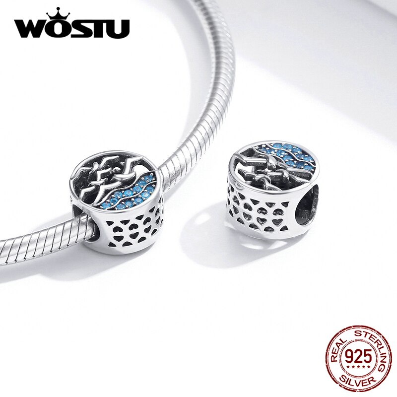 WOSTU Möwen Charme 925 Sterling Silber Blau Zirkon Runde Perlen Anhänger Fit Original Armband Halskette Schmuck CQC1454