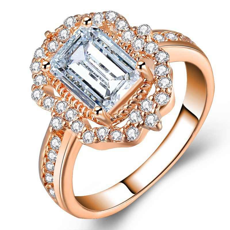 Tisonliz Luxe Vrouwelijke Vierkante Crystal Ringen Rose Goud Kleur Ringen Anniversary Sieraden voor Vrouwen Lady