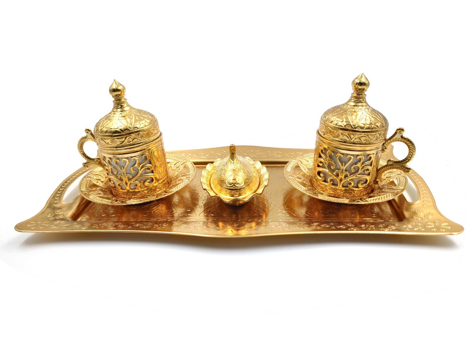 Handgjord klöver turkisk grekisk arabisk kaffe espresso serveringssats för 2, koppar fat fat lock glädje sockerrätt: Guld-