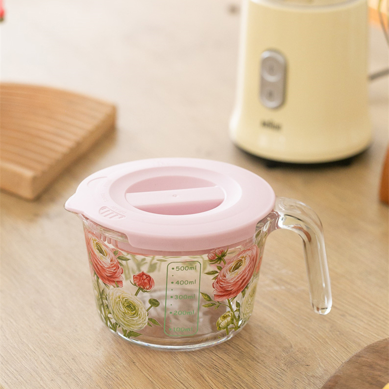 retro Blume Messbecher mit Deckel Glas Milch Saft Tasse mit Skala Messgläser Haushalt Küche Spielereien Backen Kochen Werkzeug
