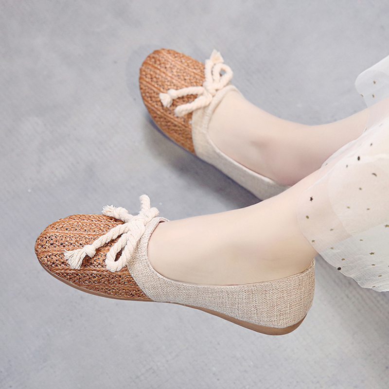 Naisten kevät ballerinat hamppukengät matalat kengät kangasloaferit rusetti solmio vapaa-ajan kengät mukavat naisten kengät zapatos mujer 7950n