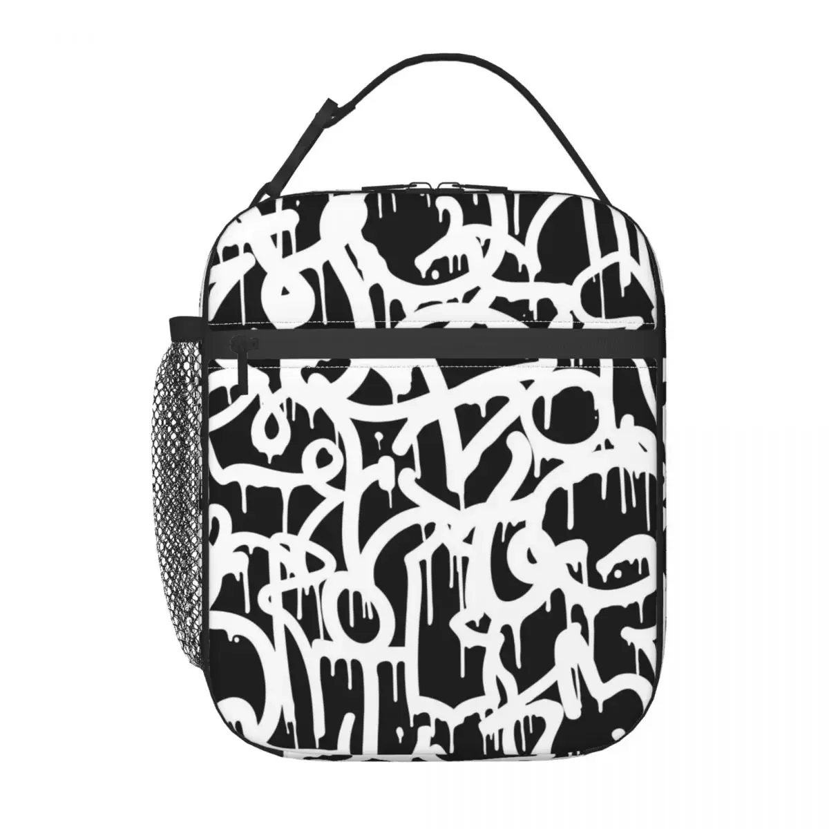 Lunch Bag Abstract Graffiti Convenient Lunch Box For Women Black And White Office Cooler Bag Oxford Thermal Lunch Bags: black