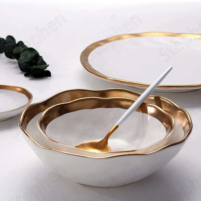 Assiette nordique en céramique à traçage doré mat, blanc et noir, bol à salade d&#39;œufs et de fruits, vaisselle de table, ensemble d&#39;assiettes en or