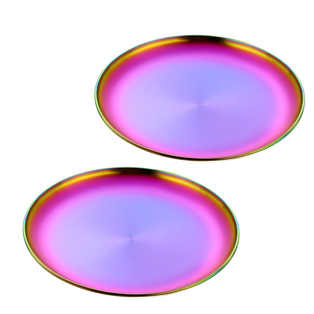 4Colors Stainless Steel Tableware Dinner Plate Food Container Salad Dessert Fruit Services Dish Western Steak Round Dessert Tray: 2rainbow