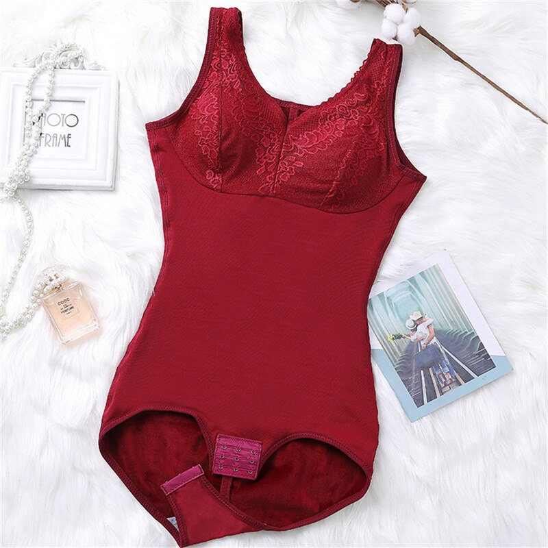 Winter Lace Bodysuit Slimming Tummy Control Body Shapewear Thermal Underwear Open Crotch Female Lingerie Warm Shapers With Cup: Red / XL