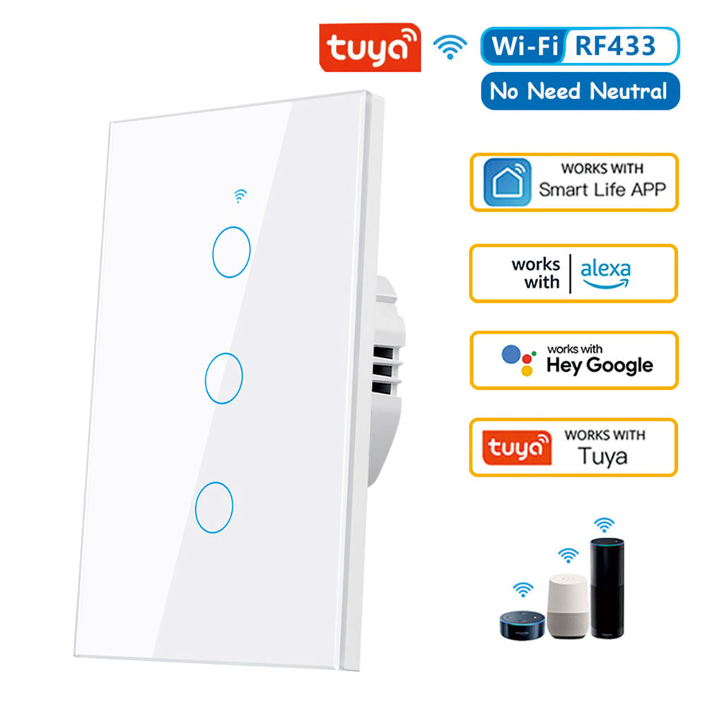 Tuya US WiFi Smart Wall Switch RF433 1/2/3/4 Gang No Neutral Wire Touch Sensor LED Light Switches Smart Home Alexa Google Home: Bundle3