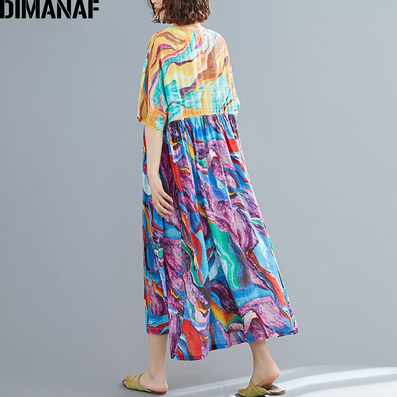 DIMANAF Plus Size Women Dress Summer Sundress Beach Style Cotton Lady Print Dress Female Vestidos Loose Pleated Casual Clothing