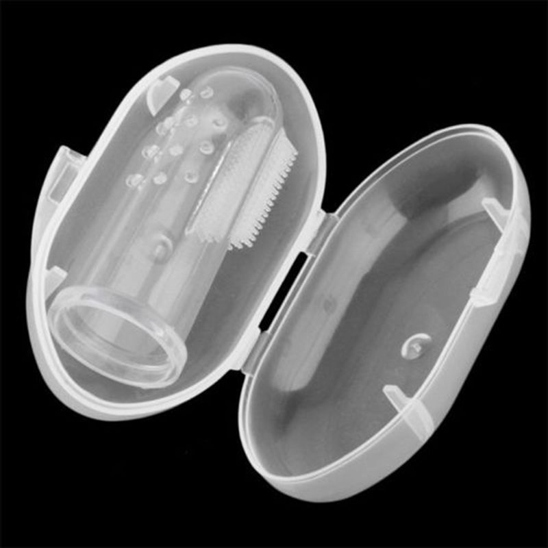 Enfants bébé doigt brosse à dents Silicone brosse à dents + boîte enfant en bas âge infantile dents clair Silicone doux doigt dent brosse dents en caoutchouc: WHITE