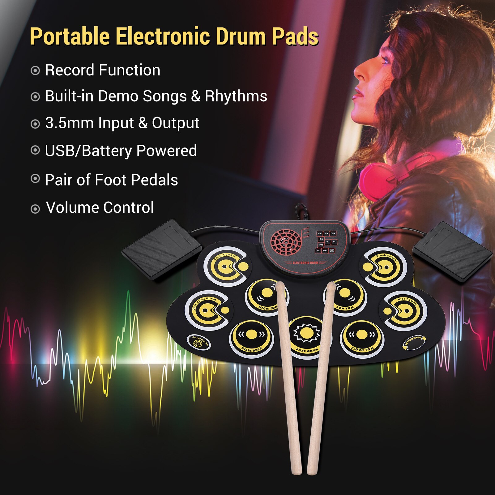 Portable Electronic Drum Pad Silicon Digital Drum 9 Demo Songs 10 Rhythms Record 3.5mm Microphone Input Speaker