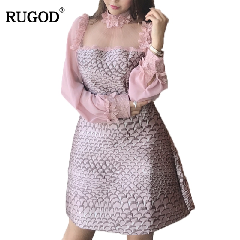 RUGOD O-neck Lace Patchwork Above-knee Mini Dress For Women Knitted Long Sleeve Vintage A-Line Cotton Dress Girls Spring
