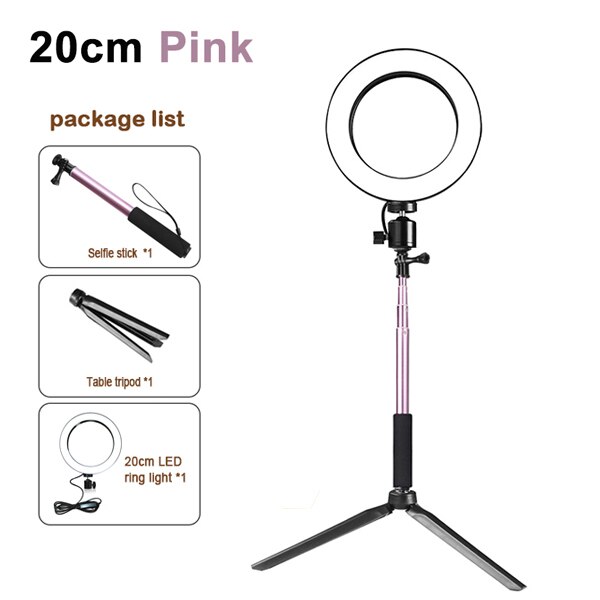 Dimmable LED Studio Camera Ring Light Photo Phone Video Light Annular Lamp With Tripods Selfie Stick Ring Fill Light For Canon: 20cm pink