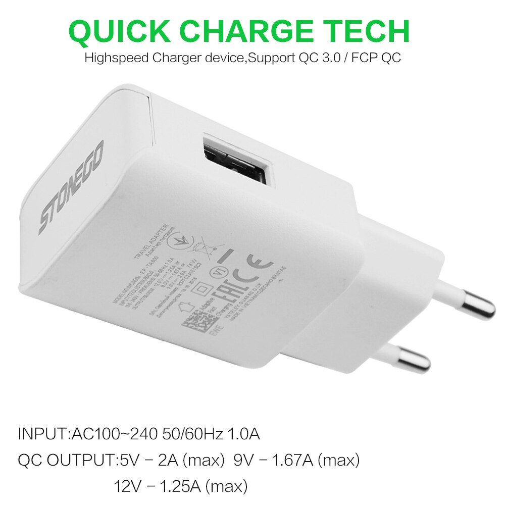 Stonego 15W Usb Charger Quick Charge 3.0 Snel Opladen Zijpoort Qc Charger Adapter Met Smart Ic Over-huidige Bescherming