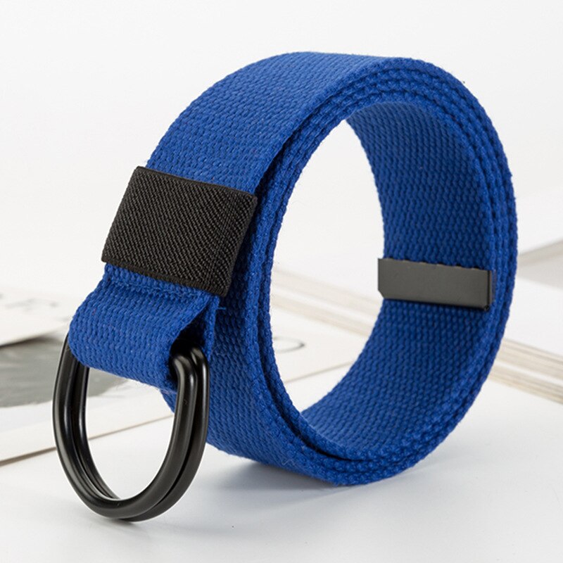 Kvinnor nylon canvas regnbåge långt bälte dubbel d metall svart spänne midjeband 16 stilar jeans vävd midjerem cinturon mujer: Blå chun