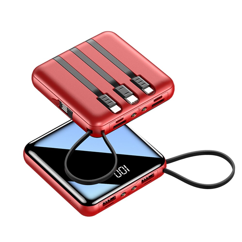 20000Mah Mini Power Bank Met Digitale Display Draagbare Oplader Ingebouwde 4 Kabels Power Bank Externe Batterij Powerbank: Red / 10000mAh