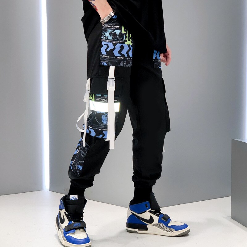 Swag – pantalon Cargo réfléchissant pour homme, Streetwear, Hip Hop, ample, jogging, ruban Graffiti, lin, Techwear,: 3XL (Weight 73-80KG) / Bleu