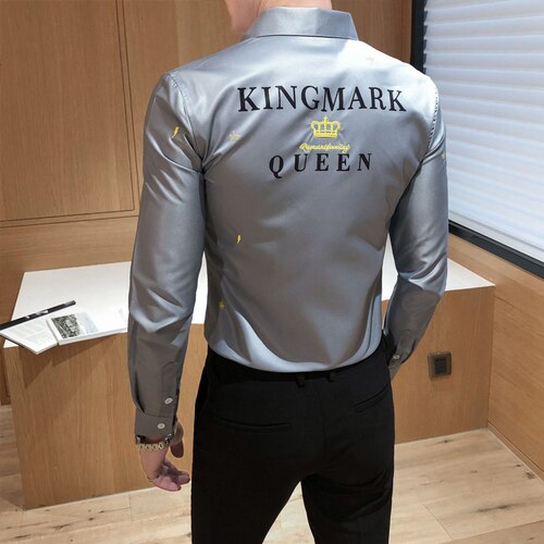Krone broderi mænd skjorter lange ærmer business formel dress skjorter afslappet slim fit skjorte streetwear camisas para hombre: Grå / Xxl