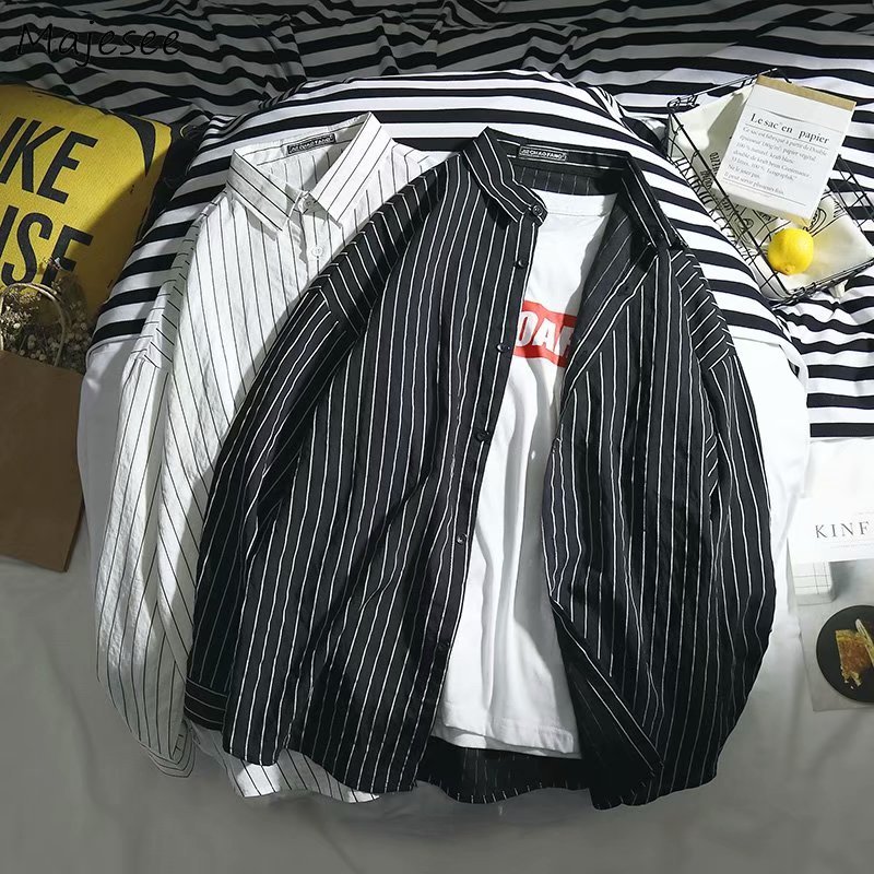 Svart skjorte herre lange ermer enkel pluss størrelse stripete harajuku klær herre skjorter street wear casual koreansk stil topp