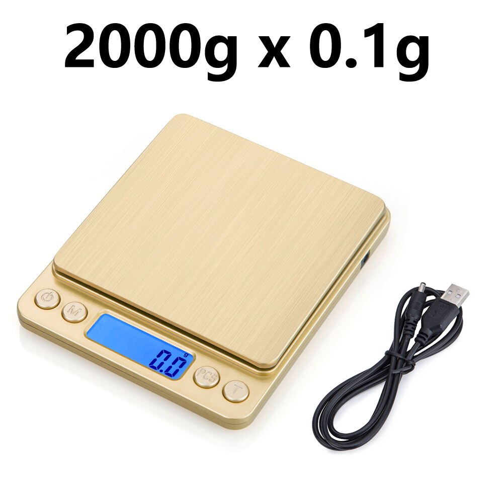 Mini Electronic Kitchen Scale 0.1g Precision postal Food Diet scale for Cooking Baking Measure Tools with 2 trays silver &amp; gold: gold-2000g